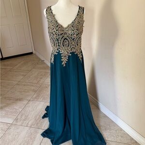 Elegant Teal and Gold Evening Gown